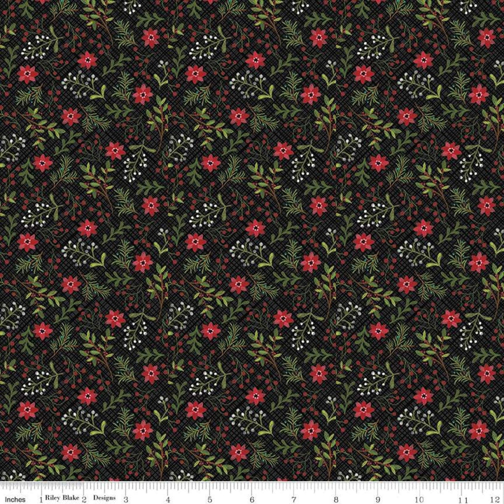 18" End of Bolt - Snowed In Berries C10812 Black - Riley Blake - Christmas Berry Clusters Floral Leaves Flowers - Quilting Cotton Fabric