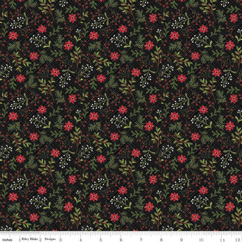 18" End of Bolt - Snowed In Berries C10812 Black - Riley Blake - Christmas Berry Clusters Floral Leaves Flowers - Quilting Cotton Fabric
