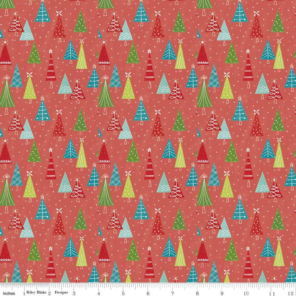 Fat Quarter End of Bolt - SALE Snowed In Trees C10814 Coral - Riley Blake - Christmas Pin Dot Snow Orange Pink - Quilting Cotton Fabric