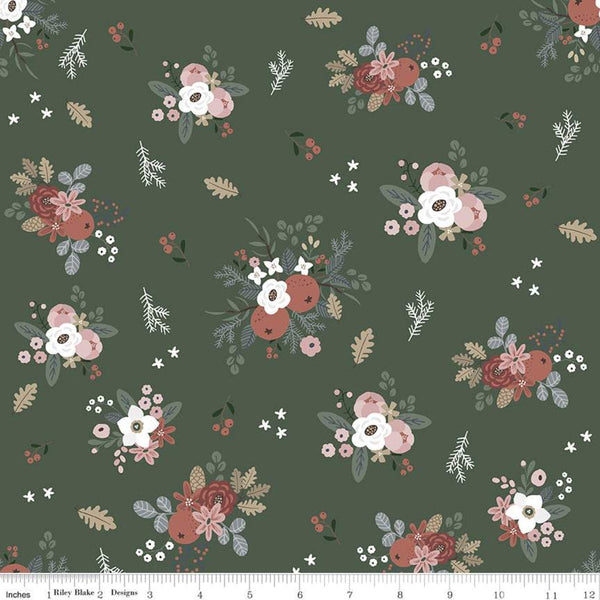17" End of Bolt - CLEARANCE Warm Wishes Floral C10781 Forest - Riley Blake - Christmas Flowers Leaves Pine Sprigs - Quilting Cotton Fabric