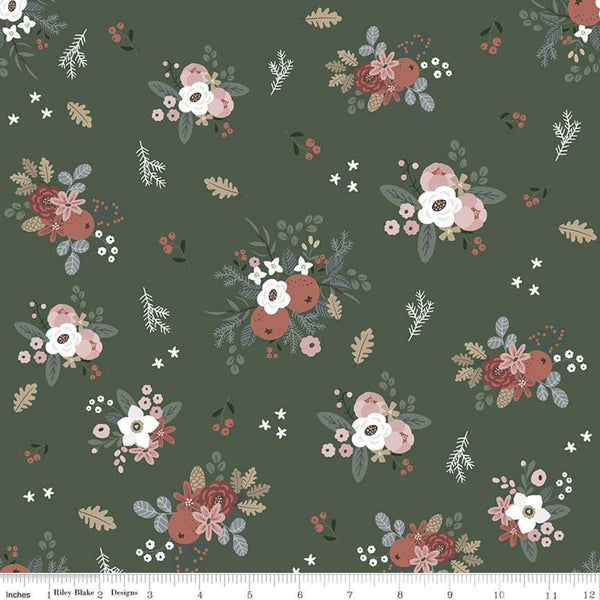 15" End of Bolt - CLEARANCE Warm Wishes Floral C10781 Forest - Riley Blake - Christmas Flowers Leaves Pine Sprigs - Quilting Cotton Fabric