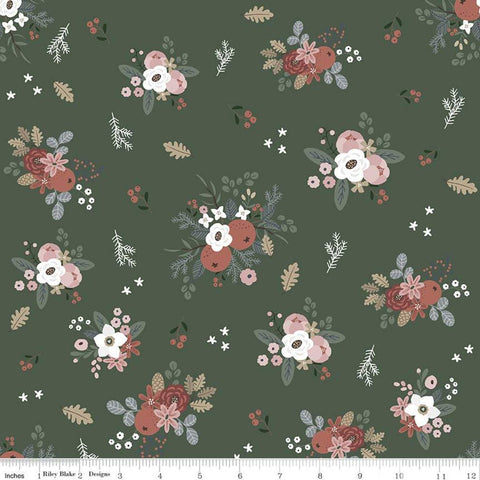 15" End of Bolt - CLEARANCE Warm Wishes Floral C10781 Forest - Riley Blake - Christmas Flowers Leaves Pine Sprigs - Quilting Cotton Fabric