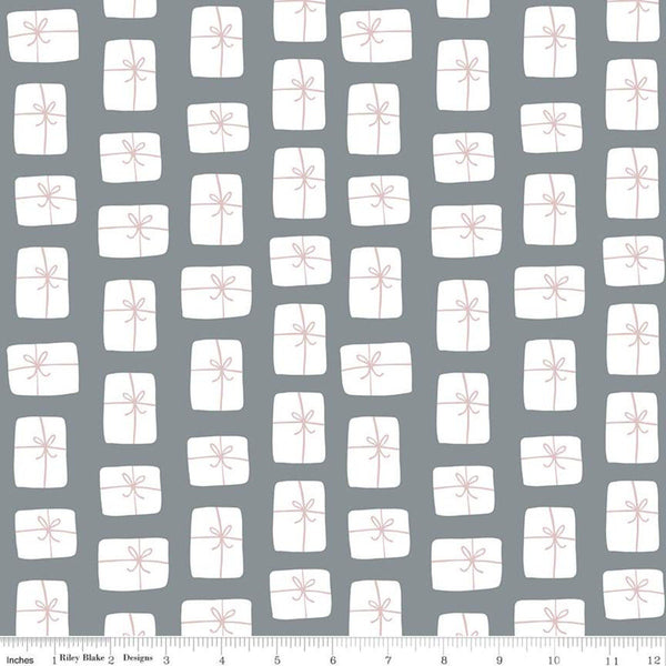 Fat Quarter End of Bolt - CLEARANCE Warm Wishes Packages C10784 Stone - Riley Blake - Christmas White Gifts on Gray - Quilting Cotton Fabric
