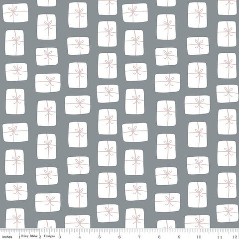 Fat Quarter End of Bolt - CLEARANCE Warm Wishes Packages C10784 Stone - Riley Blake - Christmas White Gifts on Gray - Quilting Cotton Fabric