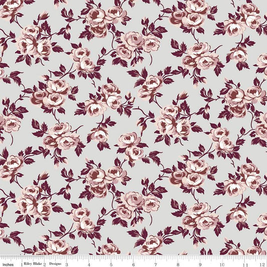 Fat Quarter End of Bolt - Exquisite Flowers C10702 Gray - Riley Blake Designs - Floral Roses - Quilting Cotton