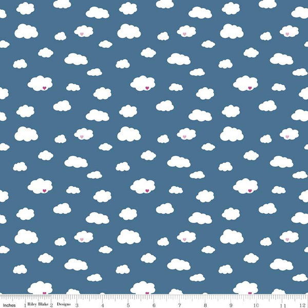 Fat Quarter End of Bolt - SALE Dream Drift C10771 Blue - Riley Blake Designs - White Clouds Pink Hearts - Quilting Cotton Fabric