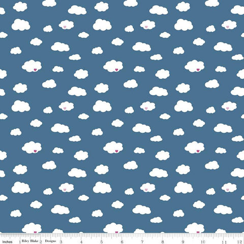 Fat Quarter End of Bolt - SALE Dream Drift C10771 Blue - Riley Blake Designs - White Clouds Pink Hearts - Quilting Cotton Fabric