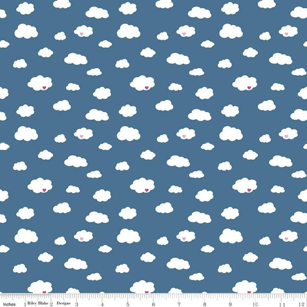 Fat Quarter End of Bolt - SALE Dream Drift C10771 Blue - Riley Blake Designs - White Clouds Pink Hearts - Quilting Cotton Fabric