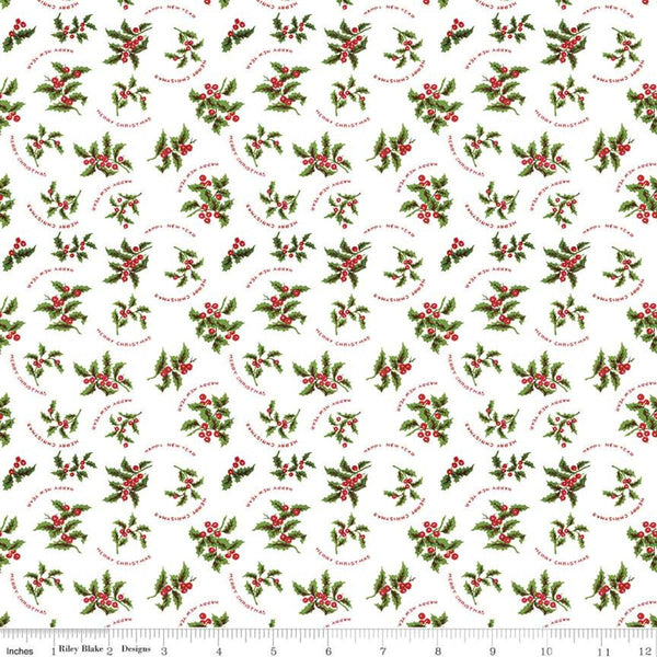 18" End of Bolt - All About Christmas Holly C10800 White - Riley Blake - Holly Berries Merry Christmas - Quilting Cotton Fabric