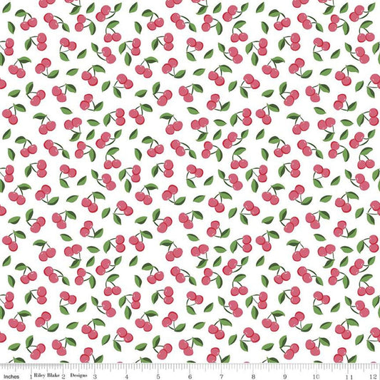 Fat Quarter End of Bolt - SALE Summer Picnic Cherries C10753 White - Riley Blake Designs - Cherry Leaves - Quilting Cotton Fabric