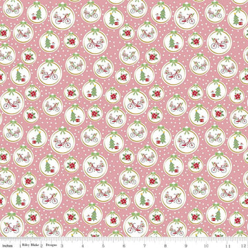 Fat Quarter End of Bolt - Christmas Adventure Ornaments SC10732 Peony SPARKLE - Riley Blake - Trees Bicycles Flowers Pink - Quilting Cotton