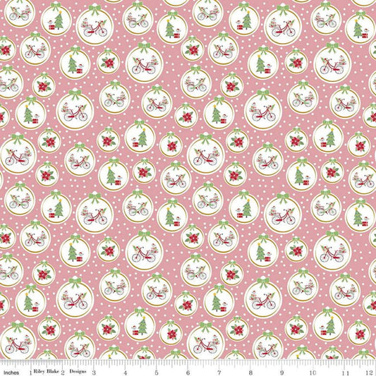Fat Quarter End of Bolt - Christmas Adventure Ornaments SC10732 Peony SPARKLE - Riley Blake - Trees Bicycles Flowers Pink - Quilting Cotton