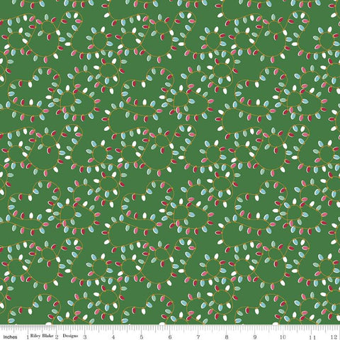 33" End of Bolt - SALE Christmas Adventure Lights SC10733 Green SPARKLE - Riley Blake Designs - String Light Gold - Quilting Cotton