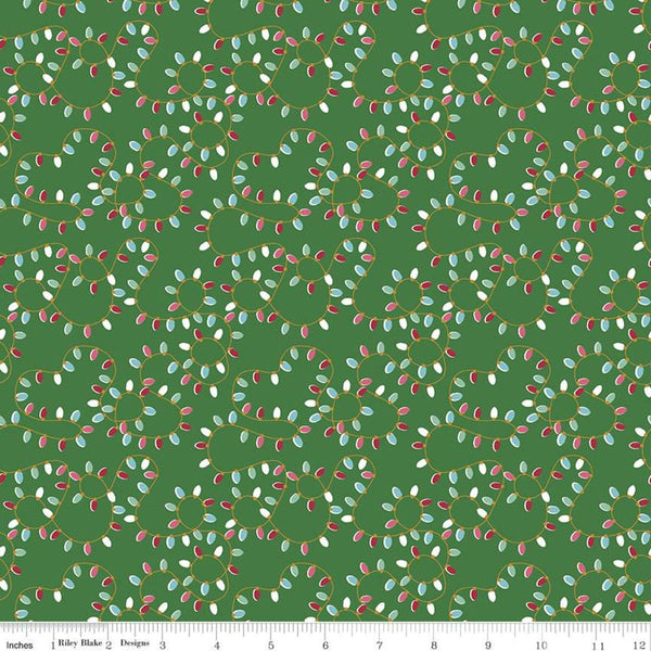 33" End of Bolt - SALE Christmas Adventure Lights SC10733 Green SPARKLE - Riley Blake Designs - String Light Gold - Quilting Cotton