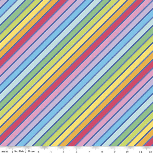 Fat Quarter End of bolt piece - SALE Rainbowfruit Calories Don't Count C10892 Blue - Riley Blake - Diagonal Striped - Quilting Cotton Fabric