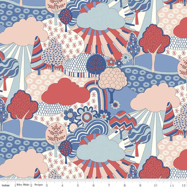 19" End of Bolt - SALE The Carnaby Collection Retro Indigo Sunny Afternoon 04775940 - Riley Blake - Trees Clouds - Liberty - Quilting Cotton