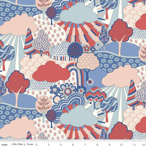 28" End of Bolt - SALE The Carnaby Collection Retro Indigo Sunny Afternoon 04775940 - Riley Blake - Trees Clouds - Liberty - Quilting Cotton