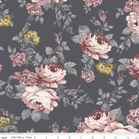 13" End of Bolt - Exquisite Main SC10700 Charcoal SPARKLE - Riley Blake Designs - Floral Flowers Gray Gold SPARKLE - Quilting Cotton Fabric