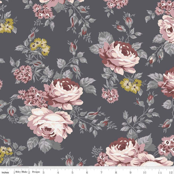 20" End of Bolt - SALE Exquisite Main SC10700 Charcoal SPARKLE - Riley Blake Designs - Floral Gray Gold SPARKLE - Quilting Cotton Fabric