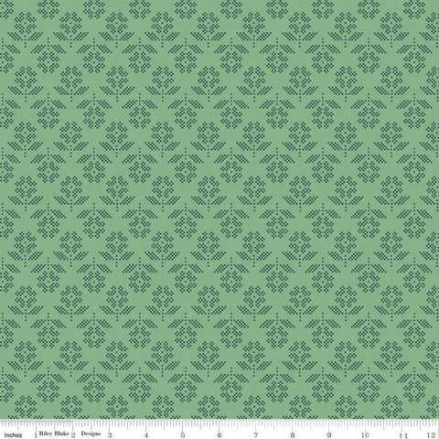 Fat Quarter End of Bolt - CLEARANCE Stitch Flower C10932 Alpine - Riley Blake Designs - Floral Green - Lori Holt - Quilting Cotton Fabric