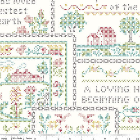 Stitch Big Stitch C10938 Cloud - Riley Blake Designs - PRINTED Cross Stitched Sampler on Off White - Lori Holt - Quilting Cotton Fabric