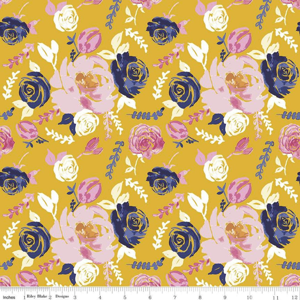 26" End of Bolt Piece - SALE KNIT Floral KD11256 Gold  - Riley Blake - Melissa - Flowers - Digitally Printed Jersey Cotton Stretch Fabric
