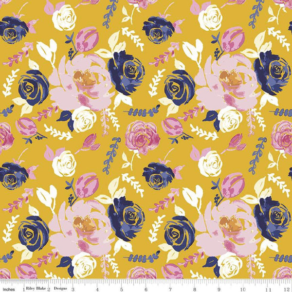 Fat Half End of Bolt Piece - SALE KNIT Floral KD11256 Gold  - Riley Blake - Flowers - Digitally Printed Jersey Cotton Stretch Fabric