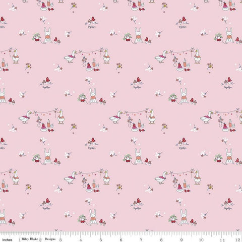 23" End of Bolt - Hidden Cottage Friends C10762 Pink - Riley Blake Designs - Flowers Mushrooms Bunnies Ducks - Quilting Cotton