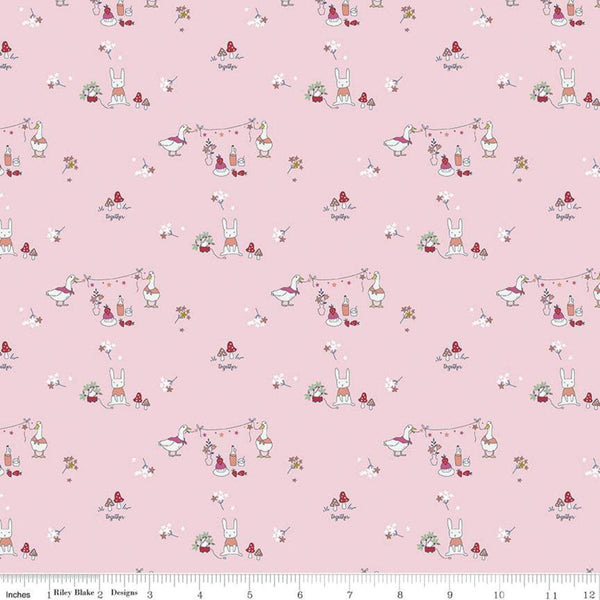 10" End of Bolt - Hidden Cottage Friends C10762 Pink - Riley Blake Designs - Flowers Mushrooms Bunnies Ducks - Quilting Cotton