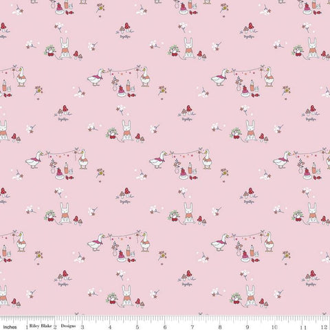 10" End of Bolt - Hidden Cottage Friends C10762 Pink - Riley Blake Designs - Flowers Mushrooms Bunnies Ducks - Quilting Cotton