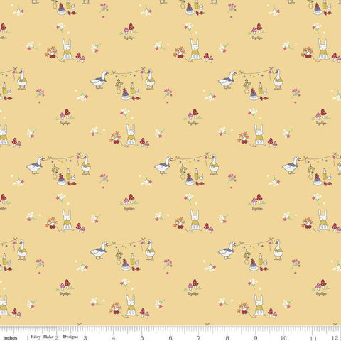 10" End of Bolt - SALE Hidden Cottage Friends C10762 Sunshine - Riley Blake Designs - Flowers Mushrooms Bunnies Ducks Gold - Quilting Cotton