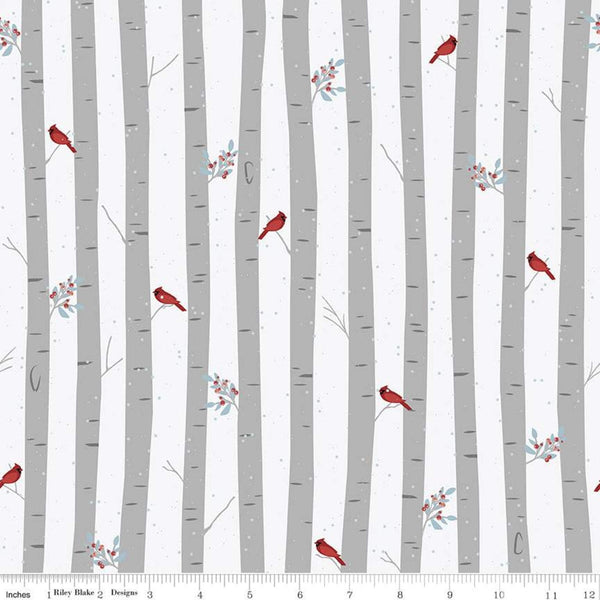 10" End of Bolt - SALE Winterland Main C10710 Gray - Riley Blake - Cardinals Birds Trees Leaves Berries Off White - Quilting Cotton Fabric