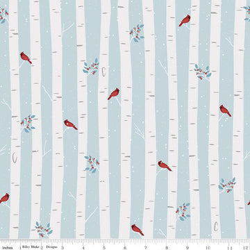 Fat Quarter End of Bolt - SALE Winterland Main C10710 Sky - Riley Blake - Birds Trees Leaves Berries Blue Off White - Quilting Cotton Fabric