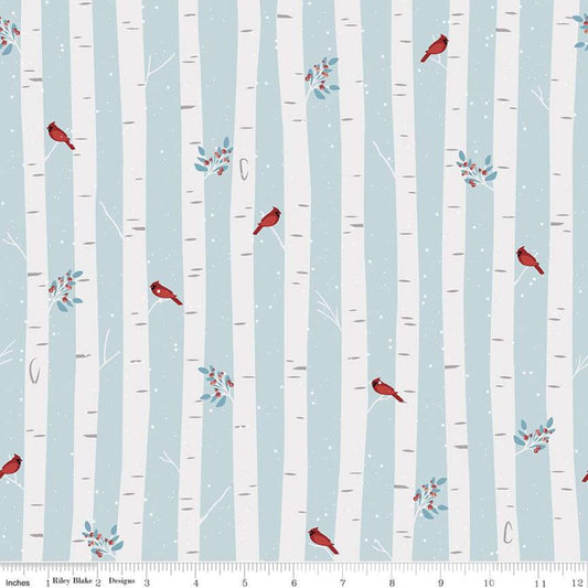 Fat Quarter End of Bolt - SALE Winterland Main C10710 Sky - Riley Blake - Birds Trees Leaves Berries Blue Off White - Quilting Cotton Fabric
