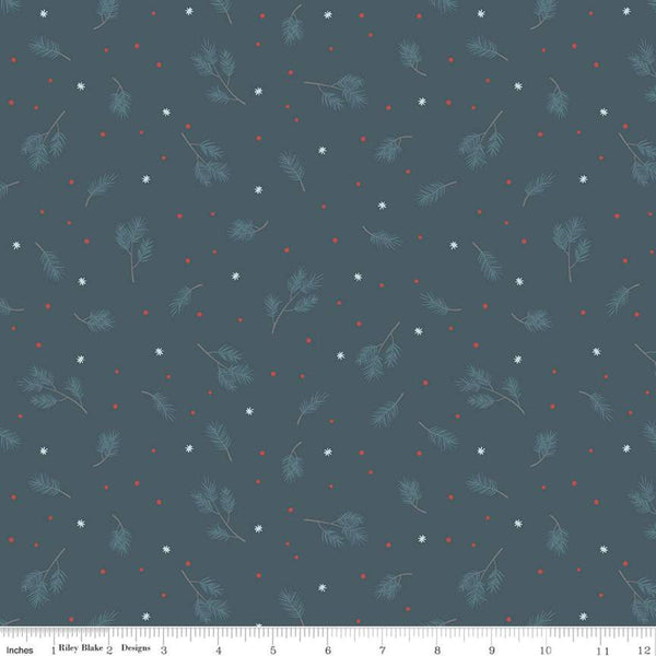 17" End of Bolt - SALE Winterland Spruce C10711 Midnight - Riley Blake Designs - Pine Sprigs Snowflakes Dots Blue  - Quilting Cotton Fabric