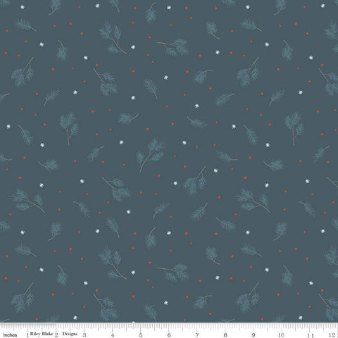 17" End of Bolt - SALE Winterland Spruce C10711 Midnight - Riley Blake Designs - Pine Sprigs Snowflakes Dots Blue  - Quilting Cotton Fabric