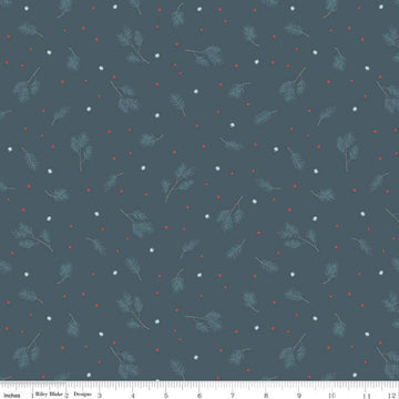 CLEARANCE 17" End of Bolt - Winterland Spruce C10711 Midnight - Riley Blake Designs - Pine Snowflakes Dots Blue  - Quilting Cotton Fabric