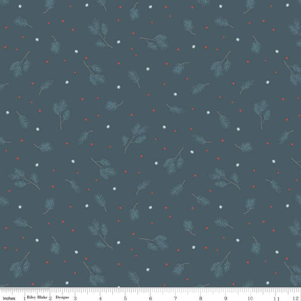 Fat Quarter End of Bolt - SALE Winterland Spruce C10711 Midnight - Riley Blake - Pine Sprigs Snowflakes Dots Blue  - Quilting Cotton Fabric