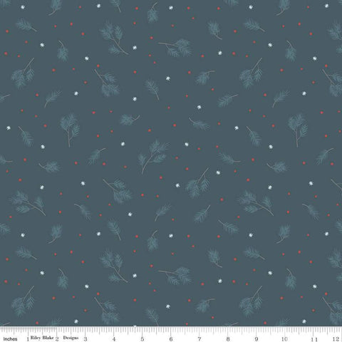 Fat Quarter End of Bolt - SALE Winterland Spruce C10711 Midnight - Riley Blake - Pine Sprigs Snowflakes Dots Blue  - Quilting Cotton Fabric