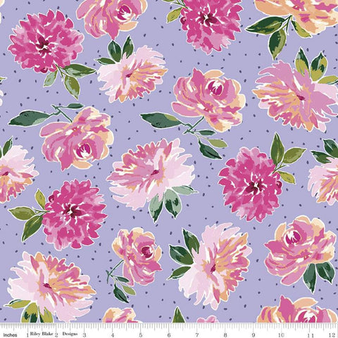 30" end of bolt piece - Lucy June Flowers C11221 Lilac - Riley Blake Designs - Floral on Dotted Purple - Quilting Cotton Fabric