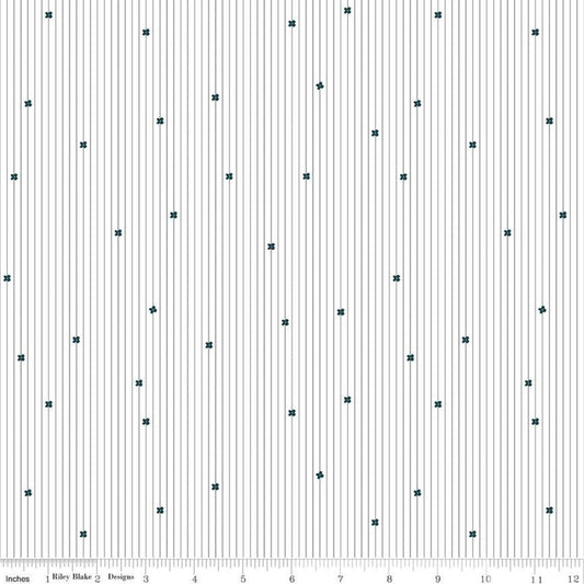 SALE Spotted Stripes C10847 Teal - Riley Blake Designs - Black Stripes on White Green Flowers - Quilting Cotton Fabric