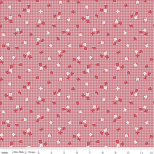 SALE Stitch Houndstooth C10934 Cayenne - Riley Blake - Floral Flowers on Houndstooth Red White - Lori Holt - Quilting Cotton Fabric
