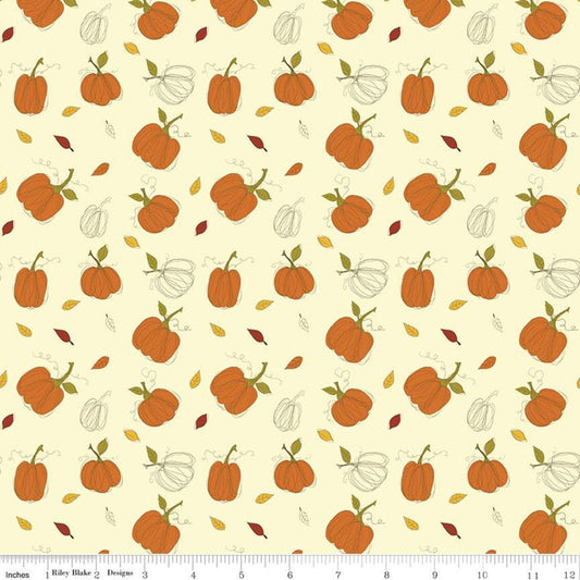 11" End of Bolt Piece - SALE Adel in Autumn Pumpkins C10821 Cream - Riley Blake Designs - Fall Pumpkin Leaves - Quilting Cotton Fabric