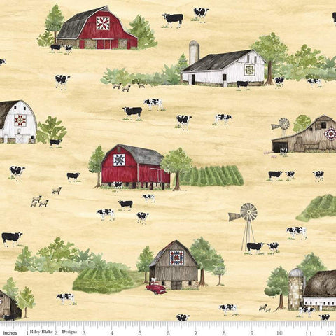 9" End of Bolt - SALE Barn Quilts Main CD11050 Wheat - Riley Blake - DIGITALLY PRINTED Barns Cows Fields Trees Windmills - Quilting Cotton