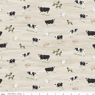 31" End of Bolt - CLEARANCE Barn Quilts Animals CD11051 Parchment - Riley Blake - DIGITALLY PRINTED Cows Sheep Goats Pigs - Quilting Cotton