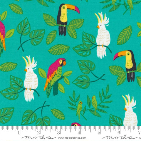 CLEARANCE Jungle Paradise Birds in Paradise 20782 Peacock - Moda - Parrots Cockatiels Toucans Leaves Turquoise Blue - Quilting Cotton Fabric