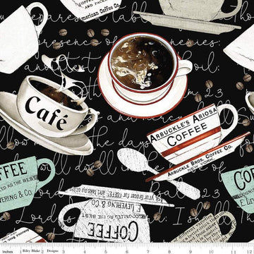 SALE Coffee Chalk Cups CD11034 Black - Riley Blake - DIGITALLY PRINTED Coffee Cups on Script Background - Quilting Cotton