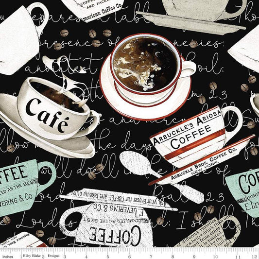 SALE Coffee Chalk Cups CD11034 Black - Riley Blake - DIGITALLY PRINTED Coffee Cups on Script Background - Quilting Cotton