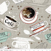 15" End of Bolt -SALE Coffee Chalk Cups CD11034 Taupe - Riley Blake - DIGITALLY PRINTED Coffee Cups Script Background Gray - Quilting Cotton