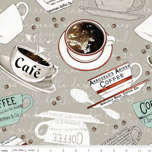 15" End of Bolt -SALE Coffee Chalk Cups CD11034 Taupe - Riley Blake - DIGITALLY PRINTED Coffee Cups Script Background Gray - Quilting Cotton
